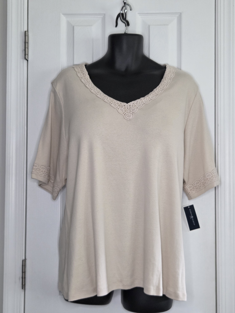 Karen Scott Cream Lace Trim V-Neck Top